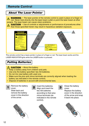 Page 1212
Remote Control Remote Control
About The Laser Pointer
Putting Batteries
WARNING• The laser pointer of the remote control is used in place of a finger or
rod. Never look directly into the laser beam outlet or point the laser beam at other
people. The laser beam can cause vision problems.
CAUTION
•Use of controls or adjustments or performance of procedures other
than those specified herein may result in hazardous radiation exposure.
S
T
A
N
D
B
Y
/
O
NV
ID
E
OLASER INDICATOR
E
S
CM
E
N
UPOSITIONR
E
S
E...