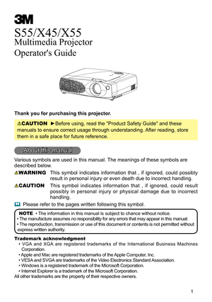 Page 1
1
S55/X45/X55
Multimedia Projector
Operator's Guide
Thank you for purchasing this projector.
CAUTION  ►Before using, read the "Product Safety Guide" and these 
manuals to ensure correct usage through understanding. After reading, store 
them in a safe place for future reference.
About this manual
Various symbols are used in this manual. The meanings of these symbols are 
described below. 
WARNING  This  symbol  indicates  information  that  ,  if  ignored,  could  possibly 
result in...