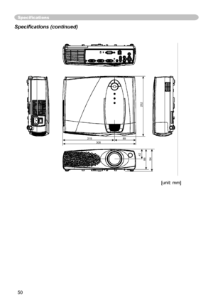 Page 50
50

Speciﬁcations
Speciﬁcations (continued)
[unit: mm]
948642
252
30889219 