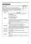 Page 29
29

Multifunctional settings
IMAGE Menu
ItemDescription
ASPECT
Using the buttons ▲/▼ switches the mode for aspect ratio. 
At a RGB signal 4:3  16:9  NORMAL   
At a video signal / no signal4:3  16:9  SMALL    
• The NORMAL mode keeps the original aspect ratio of the signal.
•  At a HDTV signal of 1125i (1080i)
 or 750p (720p) of COMPONENT VIDEO input, this item can't be selected. 
• Performing the automatic adjustment initializes the aspect ratio setting.
OVER SCAN
Using the buttons ▲/▼ adjusts...