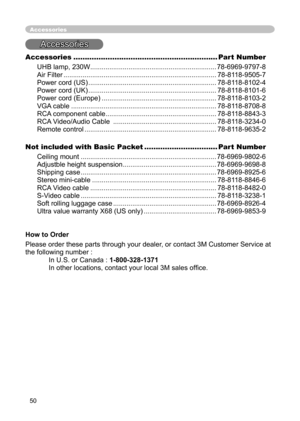 Page 50
50

Accessories
Accessories
Accessories ............................................................... Part Number
UHB lamp, 230W ..................................................................78-6969-9797-8
Air Filter ................................................................................ 78-8118-9505-7
Power cord (US) ................................................................... 78-8118-8102-4
Power cord (UK) ......................................................................