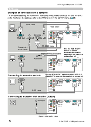 Page 12
12

Setting up
Examples of connection with a computer 
* In the default setting, the AUDIO IN1 port is the audio port for the RGB IN1 and RGB IN2 
ports. To change the settings, refer to the AUDIO item in the SETUP menu. 
(34)
Y R
L
AUDIO IN
2
AUDIO OU
T
CONTROL
RGB IN1
RGB IN2 USB
RGB OUT
AUDIO IN1
VIDE
O
S-VIDEO
CB/PB
CR/PRK
Y R
L
AUDIO IN
2
AUDIO OU
T
CONTROL
RGB IN1
RGB IN2 USB
RGB OUT
AUDIO IN1
VIDE
O
S-VIDEO
CB/PB
CR/PRK
Y R
L
AUDIO IN
2
AUDIO OU
T
CONTROL
RGB IN1
RGB IN2 USB
RGB OUT
AUDIO IN1...