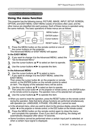 Page 24
24
Multifunctional settings
Multifunctional settings
Using the menu function
This projector has the following menus: PICTURE, IMAGE, INPUT, SETUP, SCREEN, 
OPTION, and EASY MENU. EASY MENU cosists of functions often used, and the 
other menus are classiﬁed into each purpose. Each of these menus is operated using 
the same methods. The basic operations of these menus are as follows.
1. Press the MENU button on the remote control or one of 
the cursor buttons on the projector.
   
The Advanced MENU or...