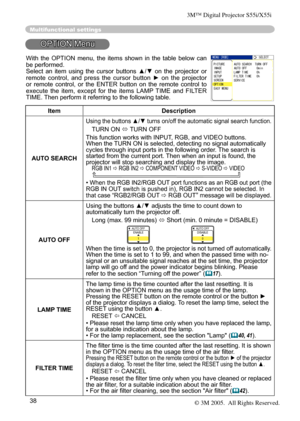 Page 38
38

Multifunctional settings
OPTION Menu
ItemDescription
AUTO SEARCH
Using the buttons ▲/▼  turns on/off the automatic signal search  function.
TURN ON  TURN OFF
This function works with INPUT, RGB, and VIDEO buttons.
When the TURN ON is selected, detecting no signal automatically 
cycles through input ports in the following order . The search is started from the current port. Then when an input is found, the projector will stop searching and display the image. RGB IN1  RGB IN2  COMPONENT VIDEO ...