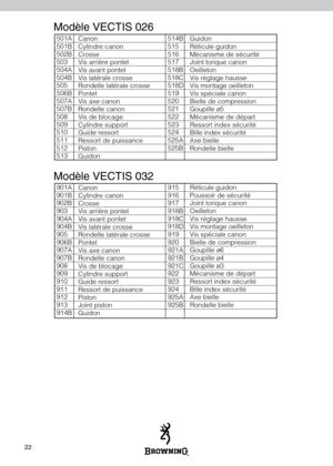 Page 2422
501A
501B
502B
503
504A
504B
505
506B
507A
507B
508
509
510
511
512
513514B
515
516
517
518B
518C
518D
519
520
521
522
523
524
525A
525B
Canon
Cylindre canon
Crosse
Vis arri
ère pontet
Vis avant pontet
Vis lat érale crosse
Rondelle lat érale crosse
Pontet
Vis axe canon
Rondelle canon
Vis de blocage
Cylindre support
Guide ressort
Ressort de puissance
Piston
Guidon Guidon
R
éticule guidon
M écanisme de s écurit é
Joint torique canon
Oeilleton
Vis r églage hausse
Vis montage oeilleton
Vis sp éciale...