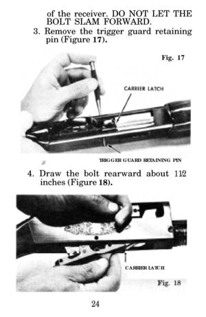 Page 25of the receiver. DO NOT LET THE
BOLT SLAM FORWARD.
3. Remove the trigger guard retaining pin (Figure 
17).
Fig. 17
TRIGGER GUARD RETAINING PIN
4. Draw the bolt rearward about 1 1/2
inches (Figure 18).
CARRIER LATCH
24 