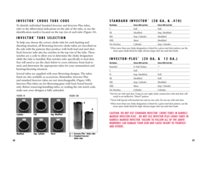 Page 11STANDARD INVECTOR
™
(28 GA. & .410)
Rim Notches  Pattern With Lead Shot Pattern With Steel ShotI Full FullIII Modified Imp. ModifiedIIII Imp. Cylinder Modified
1
IIIII Skeet Modified
1
No Notches Cylinder Imp. Cylinder1When more than one choke designation is listed for a given steel shot pattern, use the
more open choke listed for high velocity, larger shot size steel shot loads.INVECTOR-PLUS
™
(20 GA. &  12 GA.)
Rim Notches  Pattern With Lead Shot Pattern With Steel ShotKnurled X-Full Turkey **IFull*II...