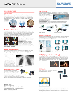 Page 2UNIQUE FEATURES
Dual Lamp and 24/7 UsableEquipped with the highly reliable  
Dual Lamp System. If one lamp stops 
functioning during use, the second  
lamp activates and projects the  
image with no interruption in the projection.  
Also, 24 hours of continuous operation is available  
with the Alternative mode which alternates the use of the two lamps. 
HDCR (High Dynamic Contrast Range)When average projectors are used in bright rooms, the darker colors of an 
image deteriorate and images become...